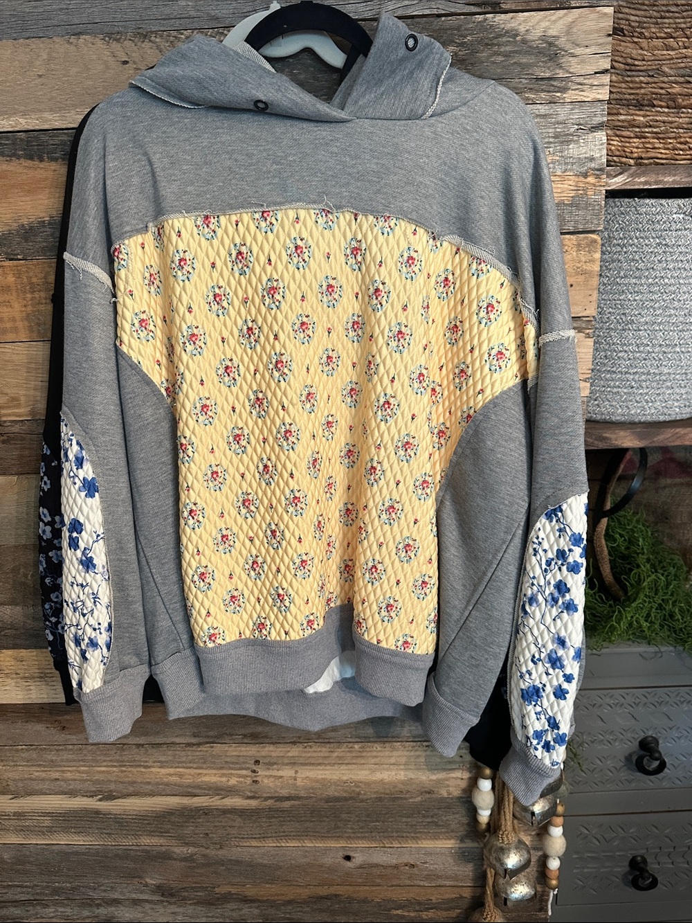 Gray Hoodie Women's Sweatshirt with Yellow Floral Panel
